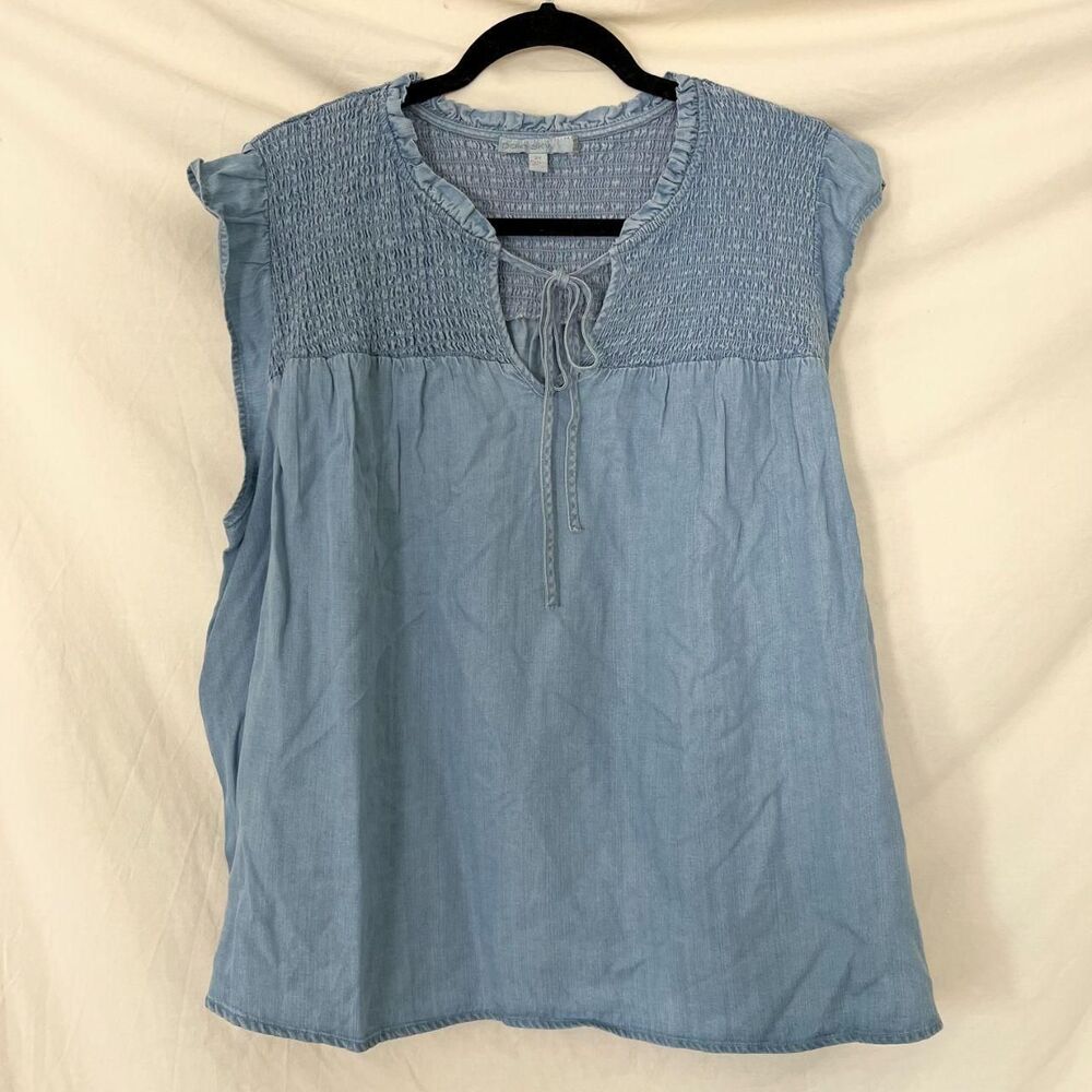 NWT Pale Sky light blue, sleeveless split-neck chambray top 2X